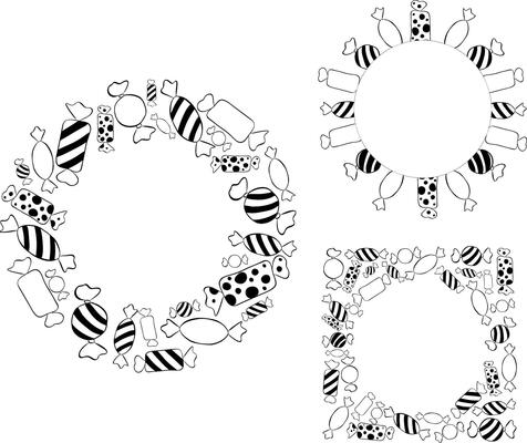 Candy Circle round frame set template. Black and white graphic line ink illustration. Christmas colored border with stripes set. Perfect for cards, decorations, stickers, logo, menu