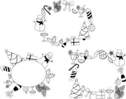 Merry Christmas and Happy New Year oval frame set template. Black and white graphic line ink illustration. Christmas Tree, branches, balls, snowflake. Luxury element for invitation vector
