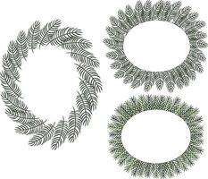 Christmas tree branches oval frame set template. graphic line ink illustration. Evergreen xmas pine decoration garlands. for package, holiday design, fabric and textile. vector