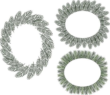 Christmas tree branches oval frame set template. graphic line ink illustration. Evergreen xmas pine decoration garlands. for package, holiday design, fabric and textile.