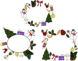 Merry Christmas and Happy New Year oval frame set template. graphic line ink illustration. Christmas Tree, branches, balls, snowflake. Luxury element for invitation, banner, poster vector