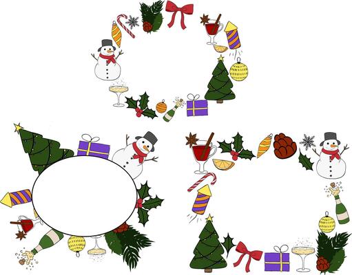 Merry Christmas and Happy New Year oval frame set template. graphic line ink illustration. Christmas Tree, branches, balls, snowflake. Luxury element for invitation, banner, poster