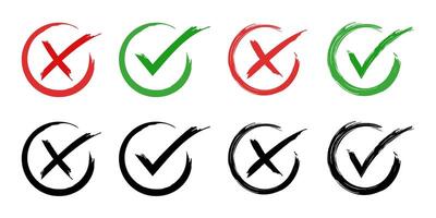 check mark, cross, x mark icon set in green, red, and black colors, Hand drawn right and wrong sign in circle brush stroke outline shape. tick mark symbol and x cross sign in brush style vector