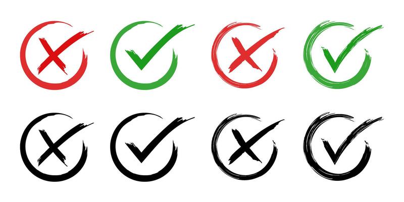 check mark, cross, x mark icon set in green, red, and black colors, Hand drawn right and wrong sign in circle brush stroke outline shape. tick mark symbol and x cross sign in brush style