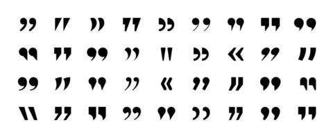 Set of quote mark, quotes icon pack. Collection of black quotation marks. Quote mark sign, inverted commas, talking marks, talk speech bubble icon design pack. Illustration. vector