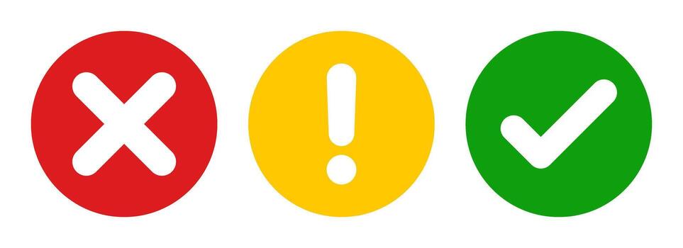 Flat rounded check mark, exclamation point, cross, x mark icon set, green checmark, red cross, and yellow exclamation signs, tick mark symbol, x cross, exclamation button, illustration. vector