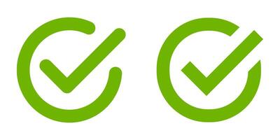 Green check mark icon set, rounded and flat approved symbol, tick sign in circle shape, Correct vote choice isolated symbol, flat checkmark sign illustration isolated on white background vector