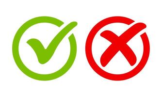 Green check mark, red cross, x mark icon set, Hand drawn right and wrong sign in circle outline shape. Bold tick mark symbol and x cross brush stroke style. Check mark sign. vector