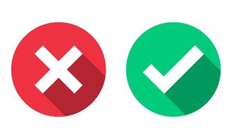 Green check mark, red cross sign with long shadow, checkbox list icon, checklist signs in round shapes. Green tick and red x, cross checkmark buttons isolated on white background vector