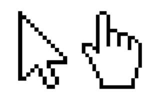 Pixel mouse click cursor icon computer hand click cursor clipart arrow pointer 8-bit game symbols, pixelated classic retro pointer, or pointing sign isolated on white background, illustration. vector