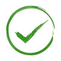 Green check mark icon, Brush stroke approved symbol, hand drawn tick sign in circle shape, Correct vote choice isolated symbol, checkmark sign illustration vector