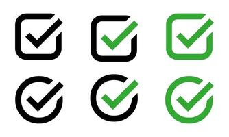 Green check mark icon, checkbox or approved symbol in circle and square shapes, tick sign with black and green color combination, flat checkmark sign set, Correct vote choice isolated symbol vector