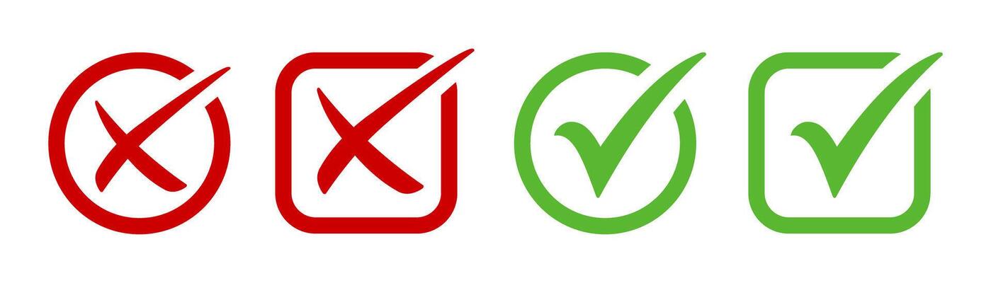 Green check mark, red cross, x mark icon set, hand drawn right and wrong sign in circle and square outline shape. tick mark symbol and x cross brush stroke style. Check mark sign.