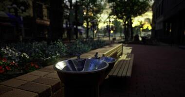 CGI Park setting with water fountains at dusk surrounded by benches and flowers video