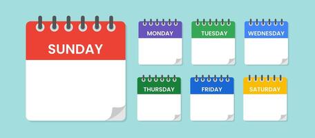 Week calendar flat icon illustration. Every day of the week calendar icon set, weekly blank calendar with seven days, weekly colorful calendar template, weekend days name flat icon. vector