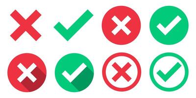 Set of Green check marks, red cross signs with long shadow, checkbox list icon. Checklist signs in round shapes. Green tick and red x check mark button collection isolated on white background vector