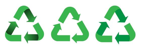 Recycle icon set. Green recycling arrow symbols in different styles. Reusing label sign. Recycle badge illustration. Flat recycle icon, reuse and reduce icons isolated on white background. vector