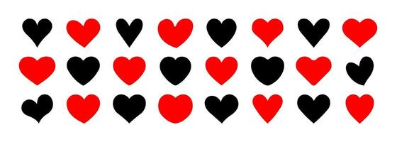 Heart icon set in red and black color, simple flat, doodle, and hand-drawn heart shapes in various styles. Heart icon different shapes, love sign, romantic symbol, illustration. vector
