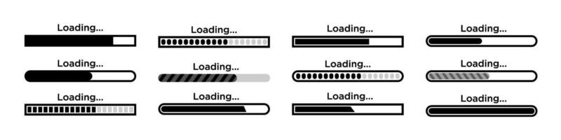 Loading icon, progress bar buffer loader, preloader set. Horizontal speed indicator buttons collection, upload, download symbols, loader status bar signs isolated on a transparent background. vector