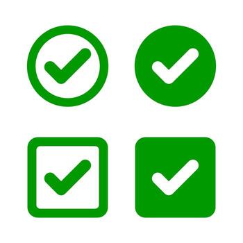 Green Check mark icon illustration in two variants. Approved, yes, confirm, done, vote, accept, tick, select, check box, and questionnaire green check mark button set circle and round shapes. vector