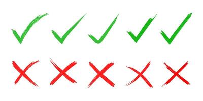 Green check mark, red cross, x mark icon set in brush stroke style, Hand drawn right and wrong sign. Green tick mark symbol and red x, cross drawn symbol. checklist isolated sign vector