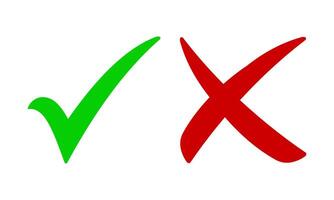 Green check mark, red cross, x mark icon set, right and wrong hand drawn sign concept. Correct vote choice and rejection isolated symbol. Check mark illustration, tick mark symbol vector