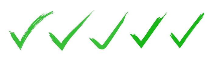 Green check mark icon set, Brush stroke approved symbols in green color, checkmark sign illustration, hand drawn tick sign collection, Correct vote choice isolated symbol vector