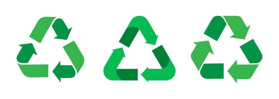 Recycle icon set, Recycling arrow symbols in different styles. Green Reusing label sign. Recycle badge illustration. Flat recycle icon, reuse and reduce icons isolated on white background. vector