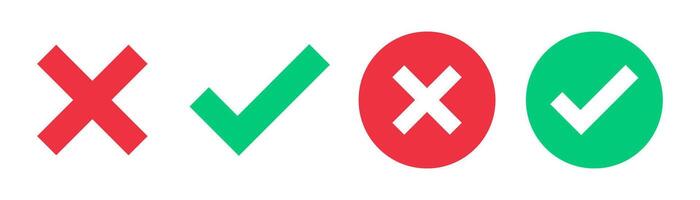 Green check mark, red cross, x mark icon, set of flat rounded right and wrong sign concept. tick mark symbol and x cross icon in circle shape. two variants set of flat isolated check mark vector