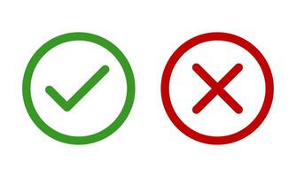 Green check mark, red cross, x mark icon set, rounded shape right and wrong flat sign concept. Correct vote choice and rejection isolated sign. Checkmark symbol illustration vector