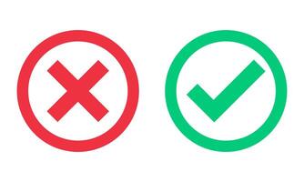 Green check mark, red cross, x mark icon set, flat rounded right and wrong sign concept in circle outline shape. Correct vote choice and rejection isolated sign set. Check mark symbol vector