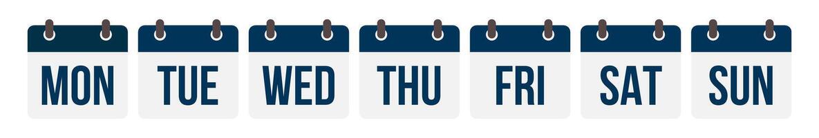 Week calendar icon illustration. Every day of the week calendar flat icon set. Weekly calendar with seven days, weekly colorful calendar template, and weekend days name icon transparent . vector