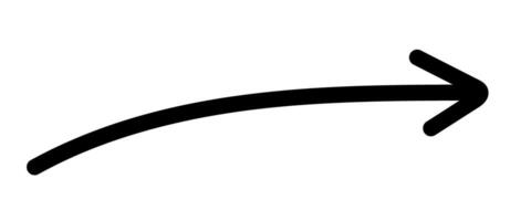 Long curved hand drawn doodle arrow, simple black doodle right arrow on transparent background. Direction symbol, arrow sign drawn marker style. vector