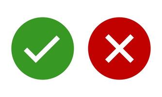 Green check mark, red cross, x mark icon set, flat rounded right and wrong sign concept. tick mark symbol and x cross icon in circle shape. Set of flat rounded check mark vector