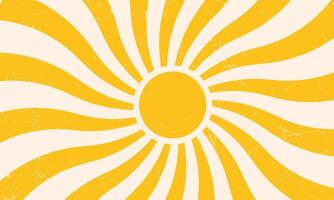 Retro sun rays sunburst abstract yellow background vintage wavy swirl sunrise grunge rough texture pattern radial spiral stripes groovy sunshine beam distressed circus carnival illustration. vector