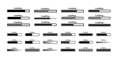 Loading icon, horizontal speed indicator, progress bar set. Buffer loader status bar sign, preloader buttons, download or upload progress bar collection isolated on a white background. vector
