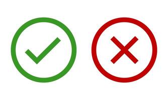 Green check mark, red cross, x mark icon set, flat rounded right and wrong sign concept in circle outline shape. Correct vote choice and rejection isolated sign. Check mark symbol vector