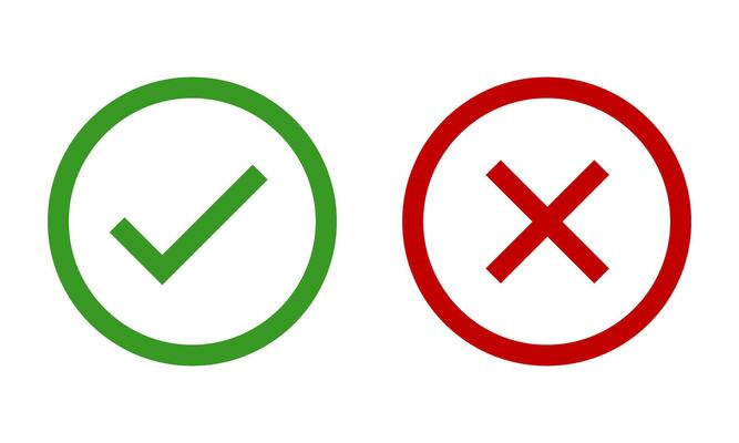 Green check mark, red cross, x mark icon set, flat rounded right and wrong sign concept in circle outline shape. Correct vote choice and rejection isolated sign. Check mark symbol