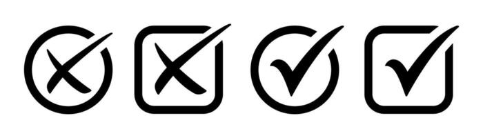 Check mark icon, cross or x mark, hand drawn tick sign in circle and square shapes. Right and wrong symbol set. Approval and rejection signs isolated on white background vector