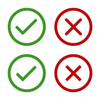 Green check mark, red cross, x mark icon set, flat rounded right and wrong sign concept. Correct vote choice and rejection isolated sign. Checkmark illustration symbol vector