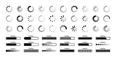 Loading icon, circle load symbol, progress bar set. Buffer loader, preloader signs, horizontal speed indicator buttons, circle load status bar collection isolated on a white background. vector