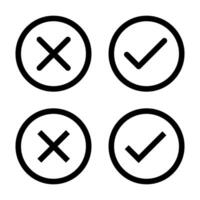 Right and wrong icon set black color outline, flat rounded check mark, cross or x mark, thin line tick mark symbol in circle shape. Approval and rejection signs isolated on white background vector