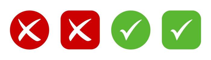 Green check mark, red cross, x mark icon set, hand drawn right and wrong sign concept in circle and square shapes. tick mark symbol and x cross icon in two variants. Check mark sign. vector