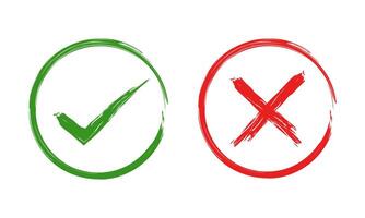 Green check mark, red cross, x mark icon set, Hand drawn right and wrong sign in circle brush stroke outline shape. tick mark symbol and x cross sign in brush style. Check mark sign. vector