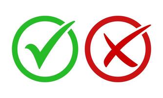 Green check mark, red cross, x mark icon set, hand drawn right and wrong rounded sign concept. tick mark symbol and x cross icon in circle outline. Check mark isolated set vector