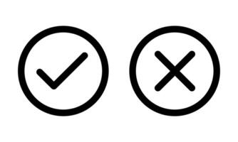 Right and wrong check mark icon, black outline flat rounded check mark, cross or x mark, tick mark symbol in circle shape. Approval and rejection signs isolated on white background vector