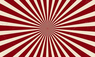 Retro sunburst sun rays dark red creamy yellow abstract background vintage sunrise grunge rough texture pattern radial spiral stripes groovy swirl beam distressed circus carnival illustration. vector