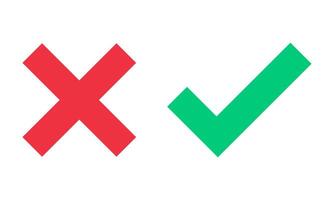Green check mark, red cross, x mark icon set, flat right and wrong sign concept. Correct vote choice and rejection isolated sign. Check mark illustration, tick mark symbol vector