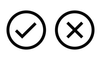 Right and wrong icon set rounded color black outline, flat rounded check mark, cross or x mark, circle shape thin line tick mark symbol. Approval and rejection signs isolated on white background vector