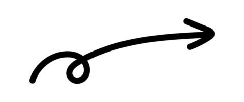 Long curved hand drawn doodle arrow, simple black doodle right arrow. Direction symbol, arrow sign drawn marker style, illustration. vector